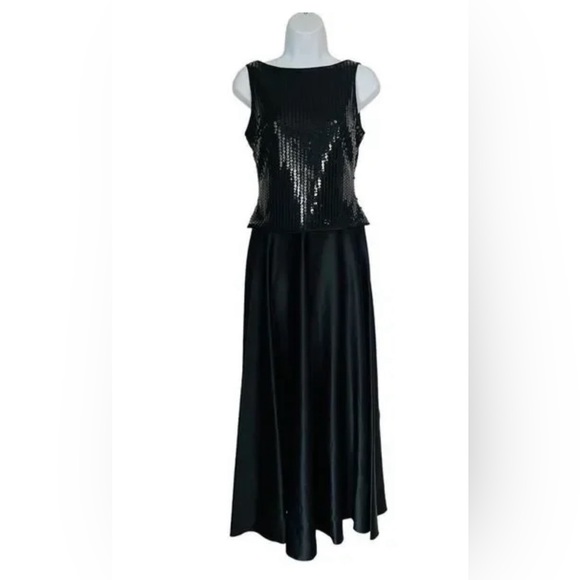 Js Collection Black Sequin Satin Formal Long Gown w/ Zip Back - Picture 1 of 6